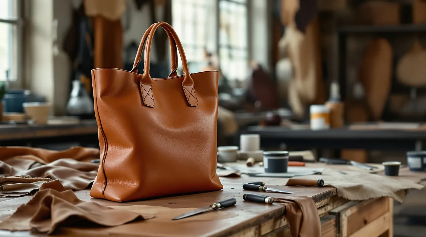 Phone photo of a cognac leather tote bag with rolled handles in a workshop
