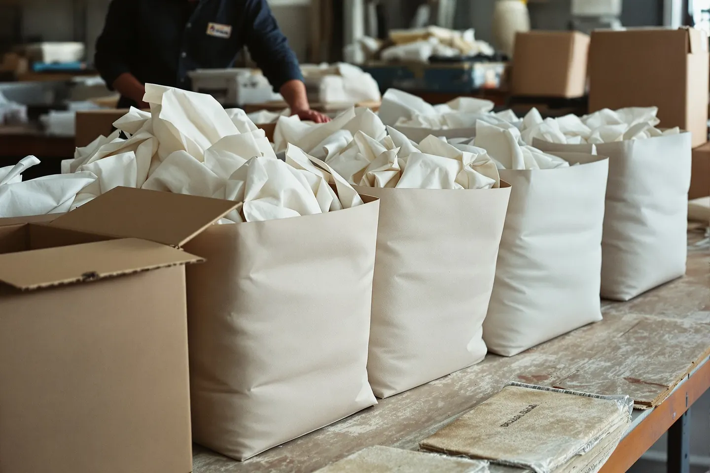 Leather totes stuffed with paper inside plain cotton dust bags, ready for export