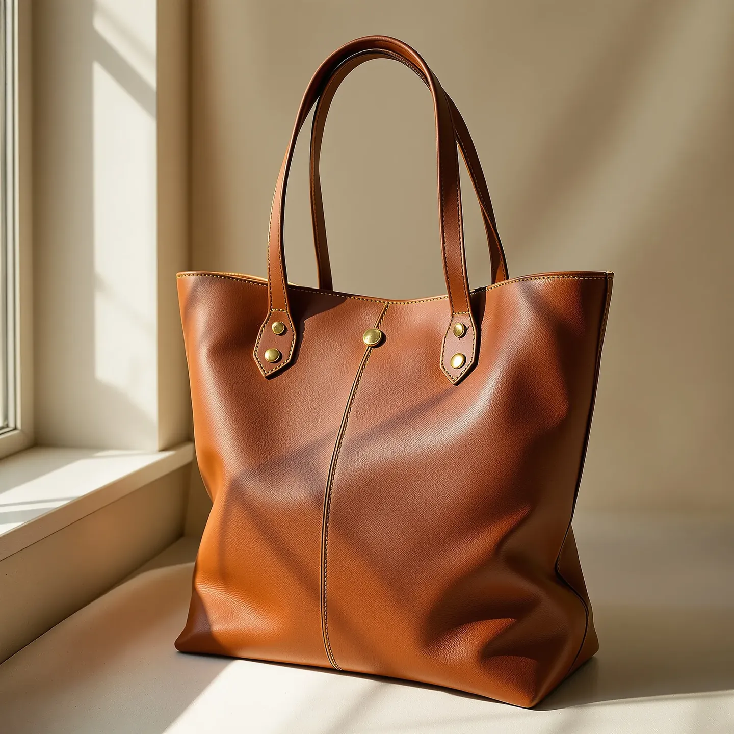A vegetable-tanned leather tote bag in cognac