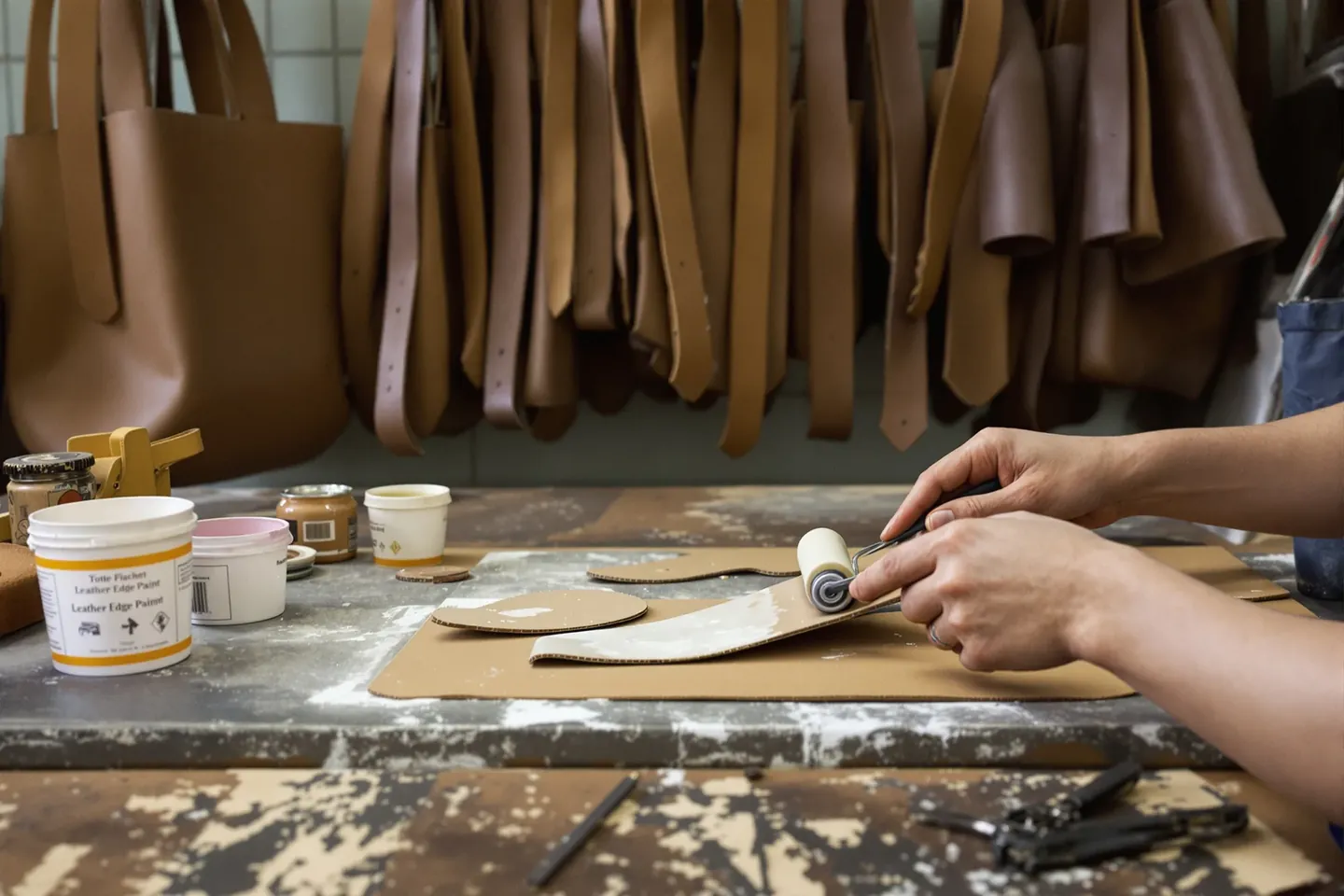 Hands painting the edge of a leather strap with a small roller