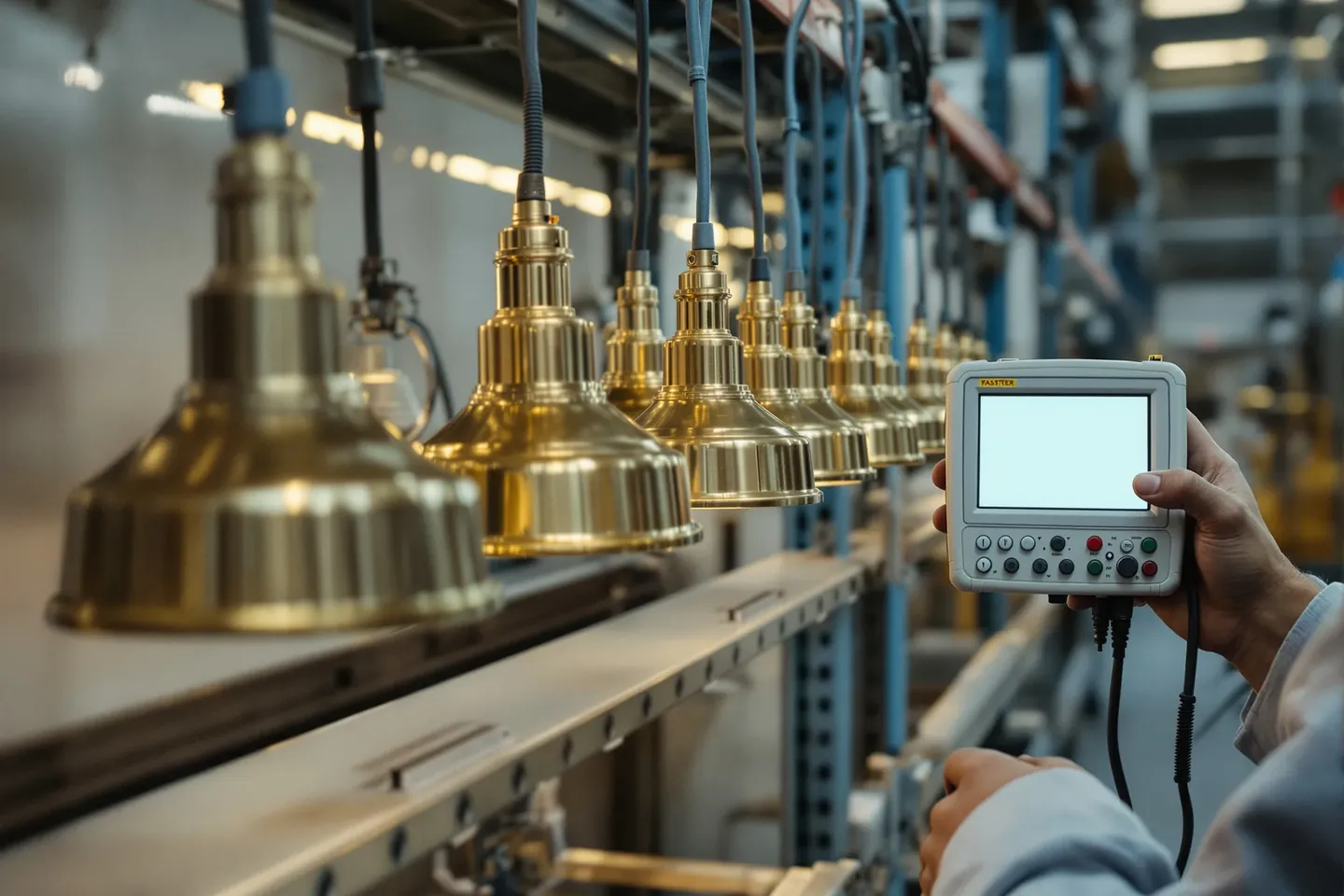 A row of identical brass pendants switched on along a test rack in a lighting factory