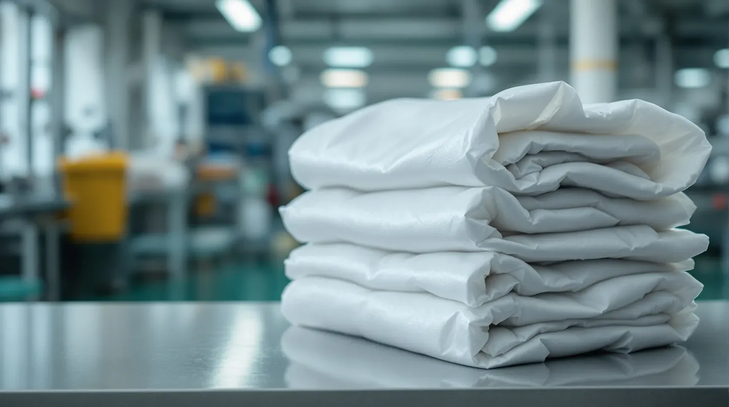 Phone photo of a folded disposable SMS gown on a workshop table