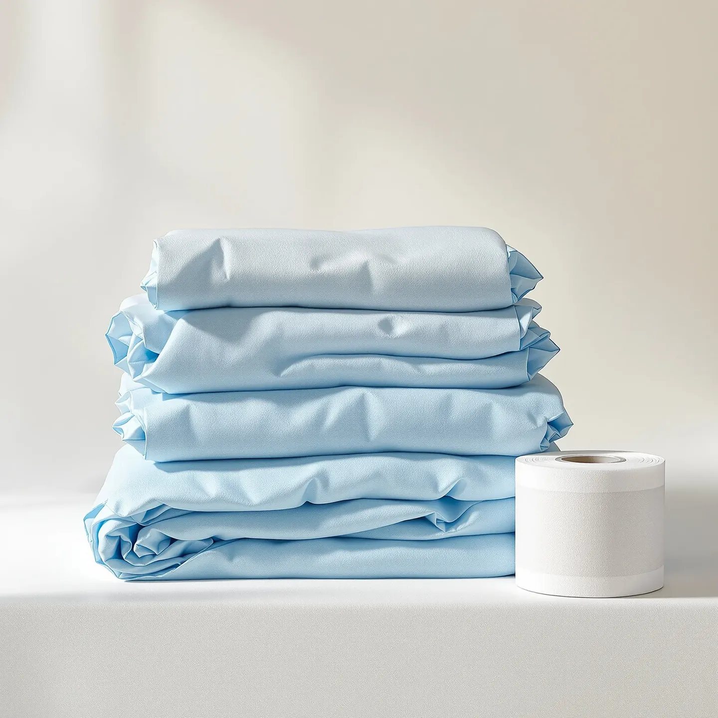 Folded light blue non-woven SMS isolation gowns and rolls of cotton crepe bandage