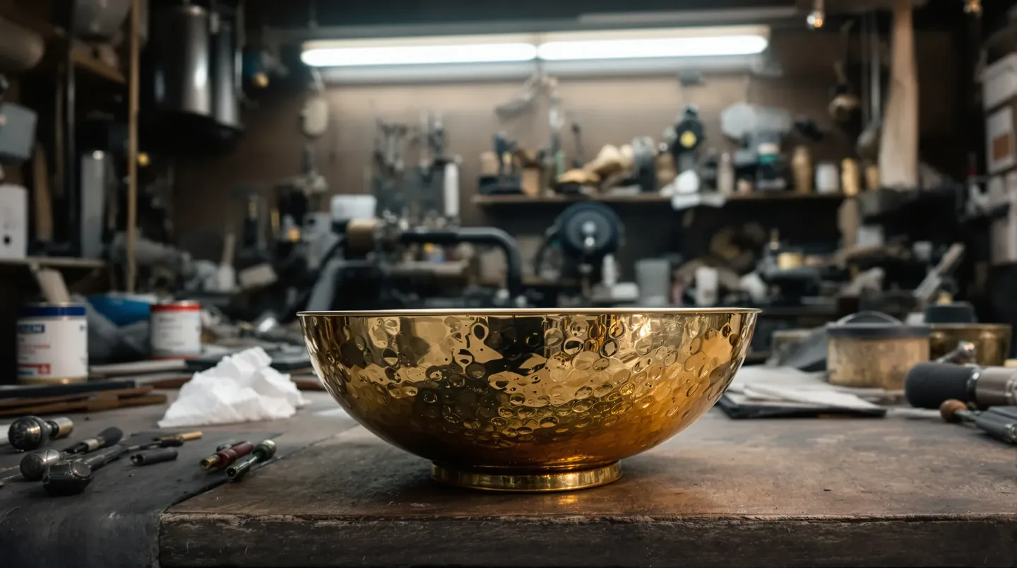 Phone photo of a hand-hammered brass serving bowl with an antique wash finish in a workshop
