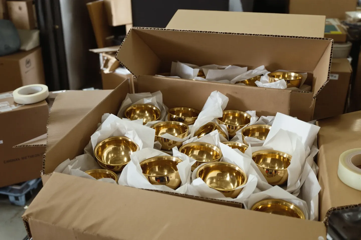 Brass bowls wrapped in acid-neutral tissue and foam sheet, packed for export