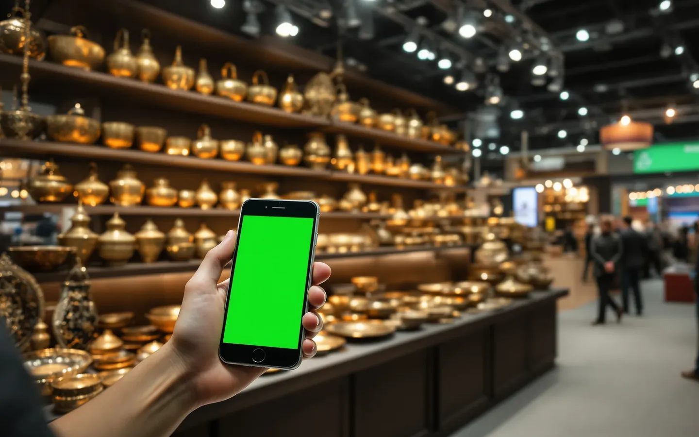A buyer at a metal handicrafts fair stand opens the exhibitor’s Digital Booth on a phone