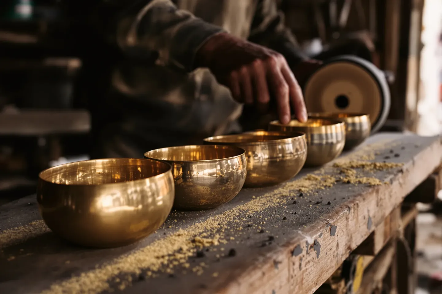 A row of the same brass bowl in four finish samples on a workshop bench