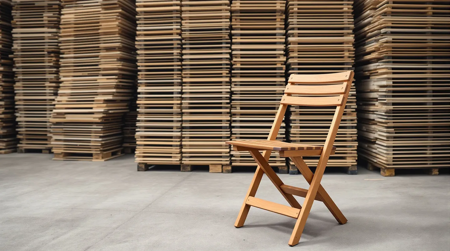 Phone photo of a folding acacia wood bistro chair with an oiled finish in a workshop