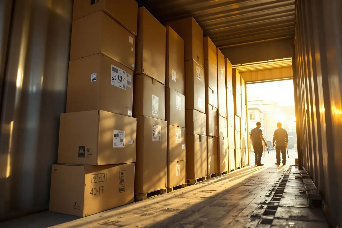 Flat-packed outdoor furniture cartons stacked floor to ceiling inside a plain 40-foot container