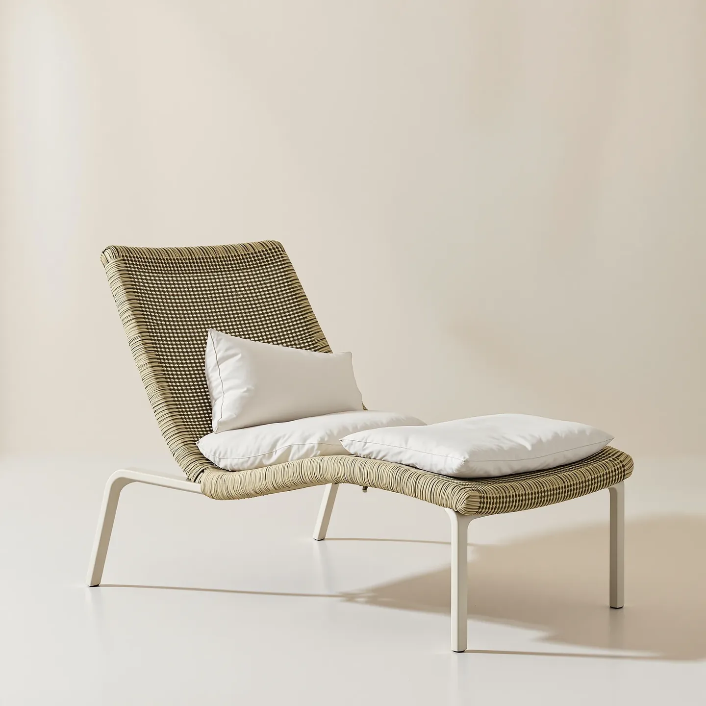 An outdoor lounge chair with a sand powder-coated aluminium frame and a seat and back hand-woven from olive flat rope in a diagonal pattern