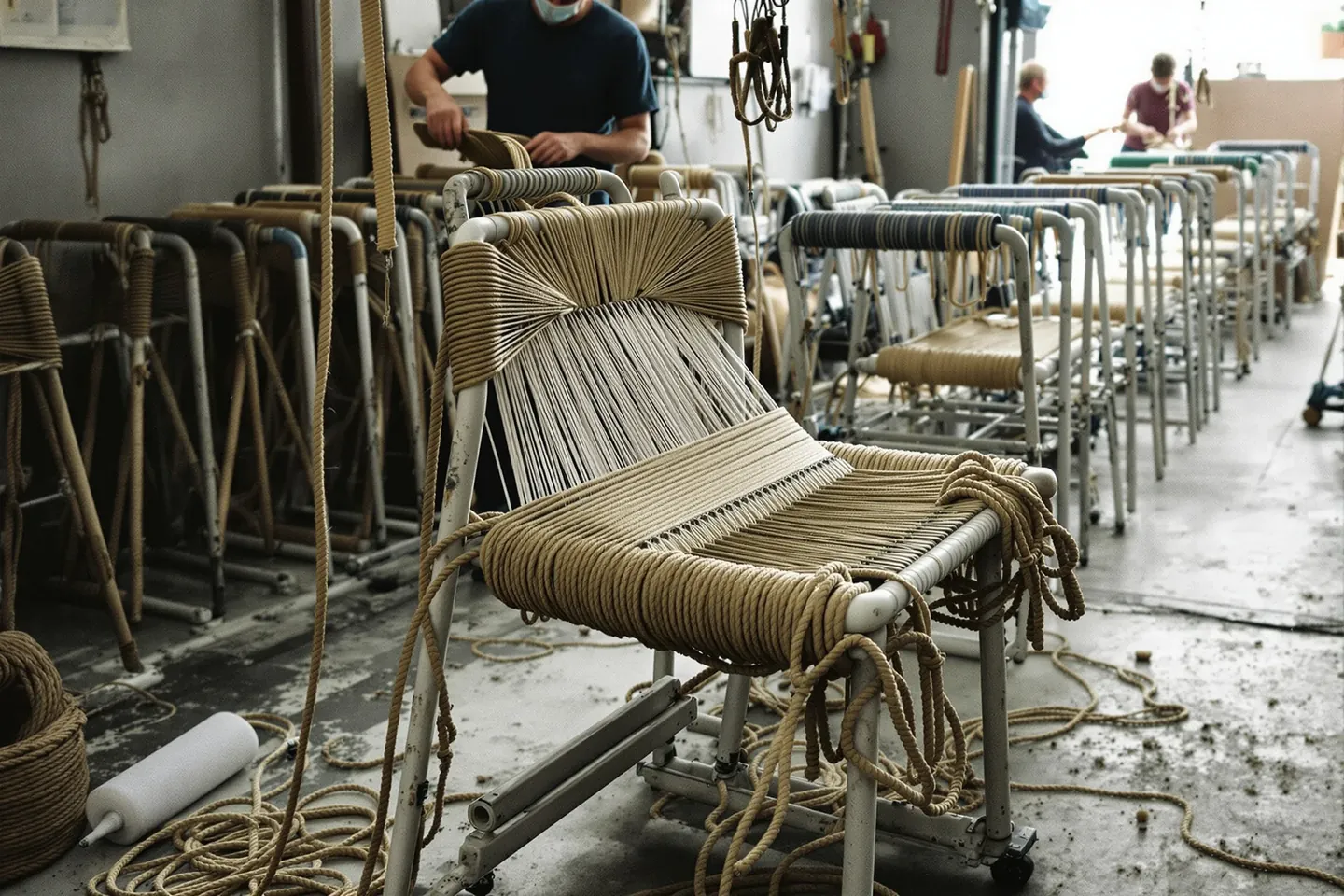Hands weaving olive flat rope onto an aluminium chair frame on a work stand
