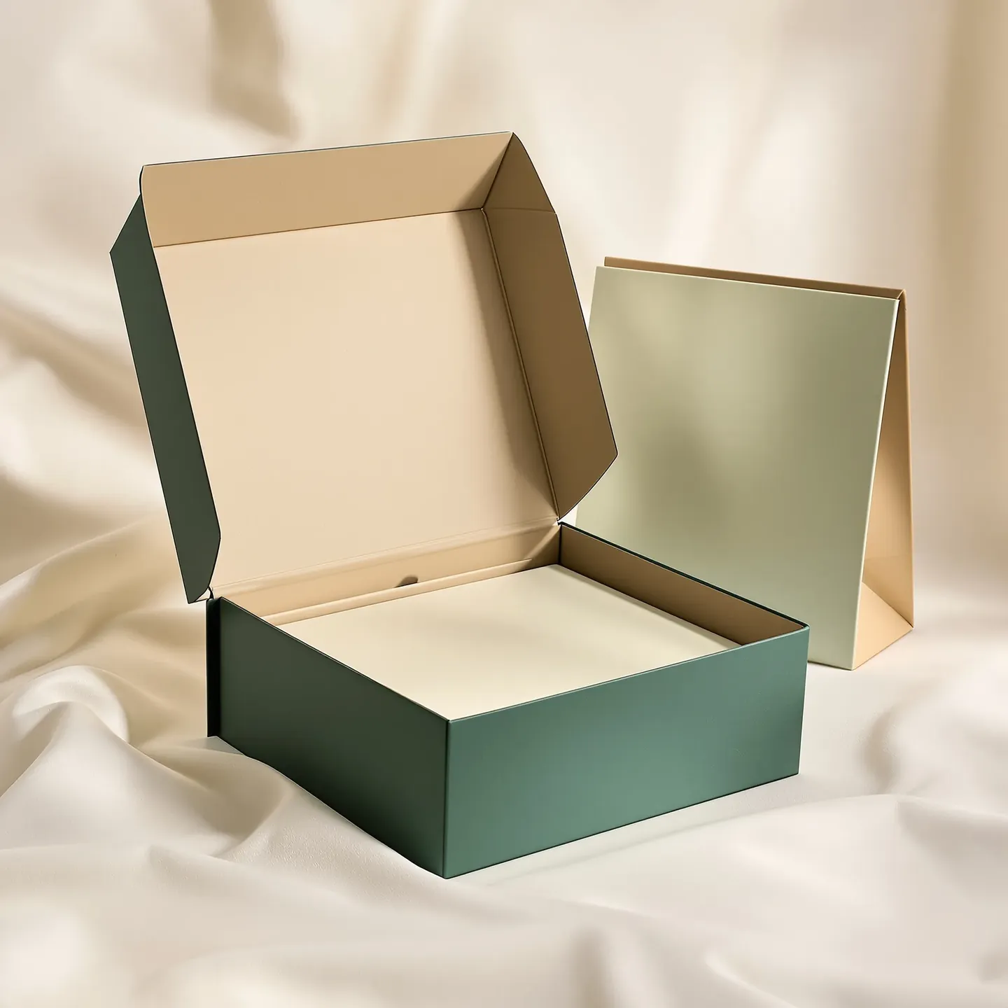 A rigid gift box in matte forest green with a magnetic flap lid