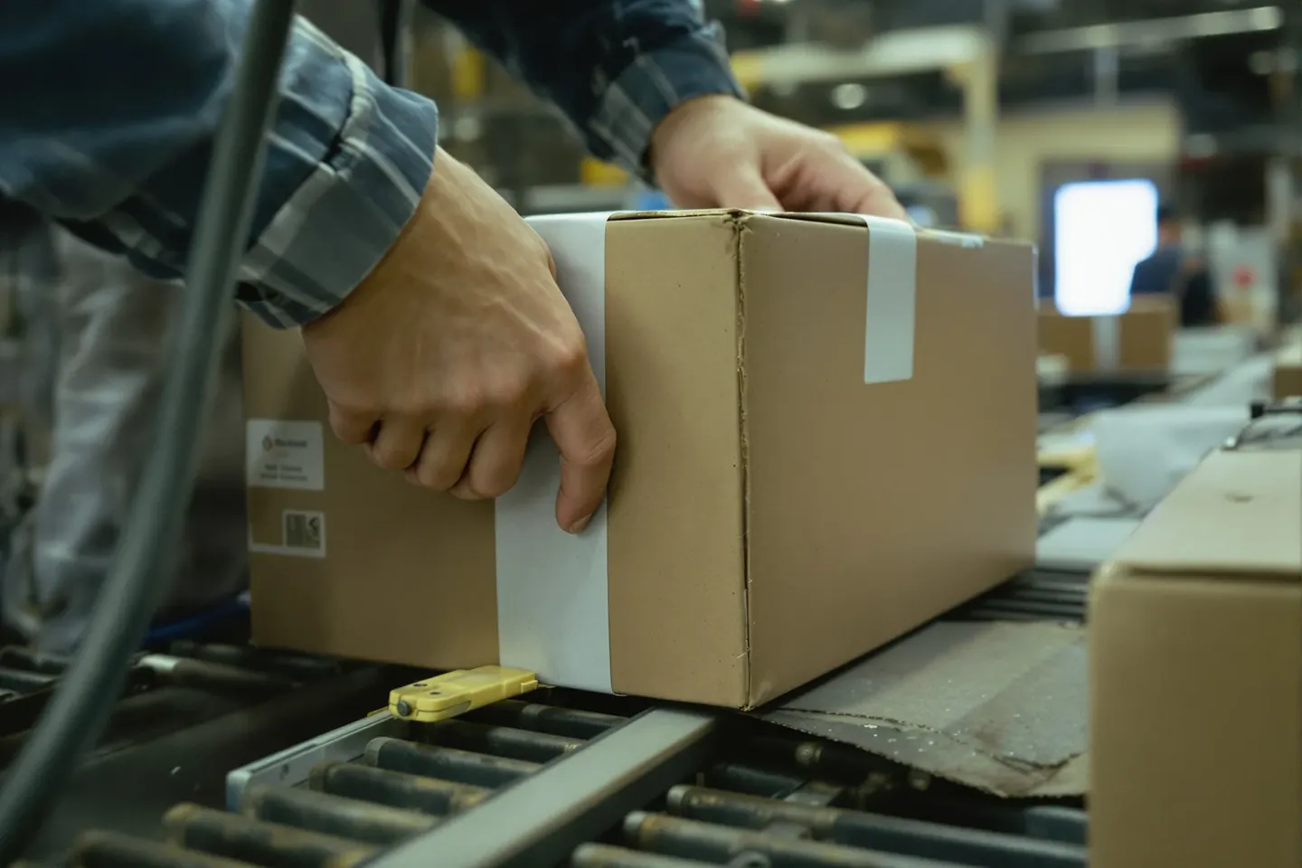 Hands checking the corner wrap of a rigid box on a production line