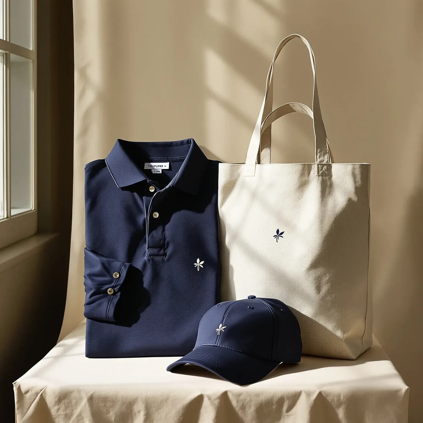 A folded navy pique polo shirt with a small embroidered leaf mark on the chest