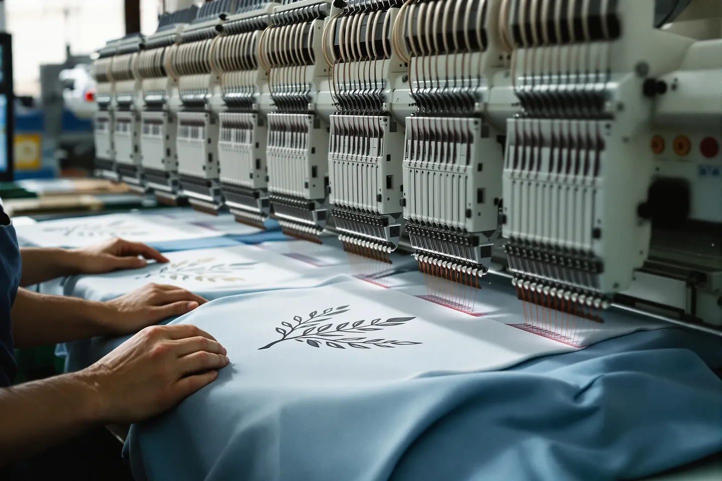 A multi-head embroidery machine stitching a leaf mark on polo shirt fronts