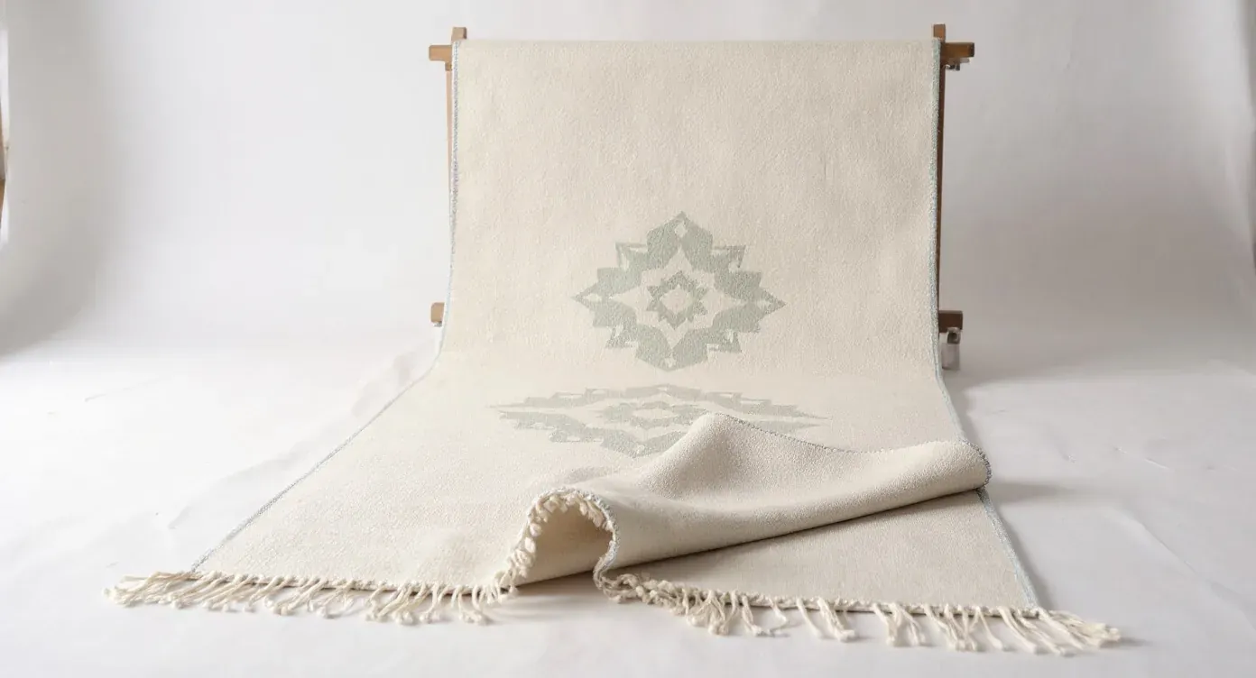 The same hand-knotted rug as a clean catalog packshot on an off-white background