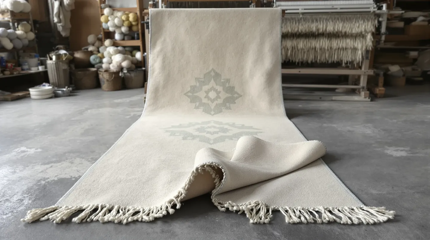 Phone photo of a hand-knotted ivory wool rug with a soft sage medallion, folded back at one corner to show the knots, in a workshop