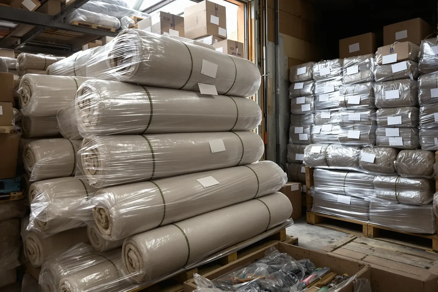 Rolled rugs wrapped in clear poly and then hessian cloth