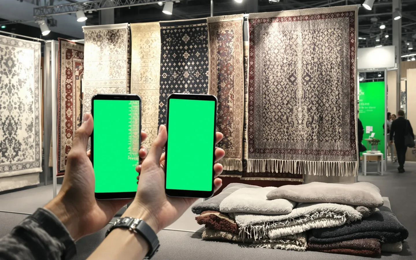 A buyer at a rugs and carpets fair stand opens the exhibitor’s Digital Booth on a phone