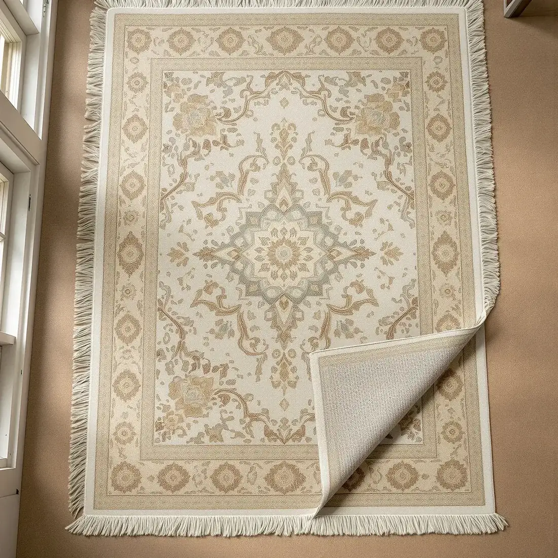 Overhead photograph of a hand-knotted wool rug in ivory