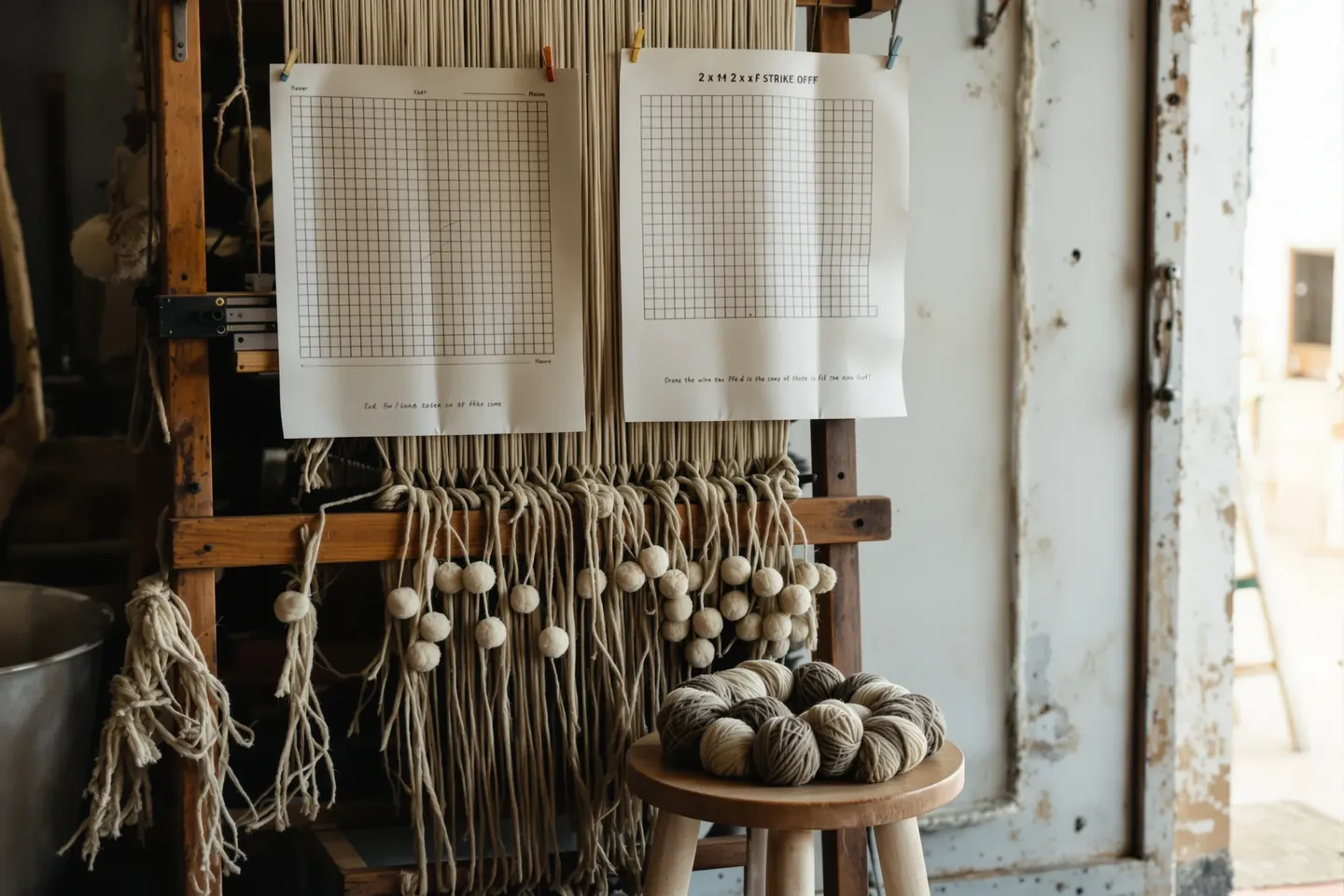 Hands knotting wool on a vertical loom with a paper graph map pinned above