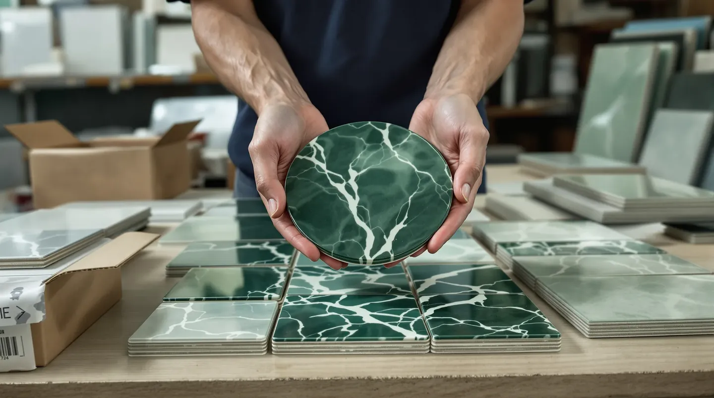 Phone photo of a handful of glossy handmade-look green ceramic wall tiles in a workshop