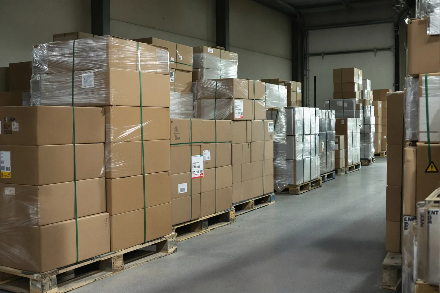 Boxed tiles strapped on wooden pallets in a warehouse, ready for container loading