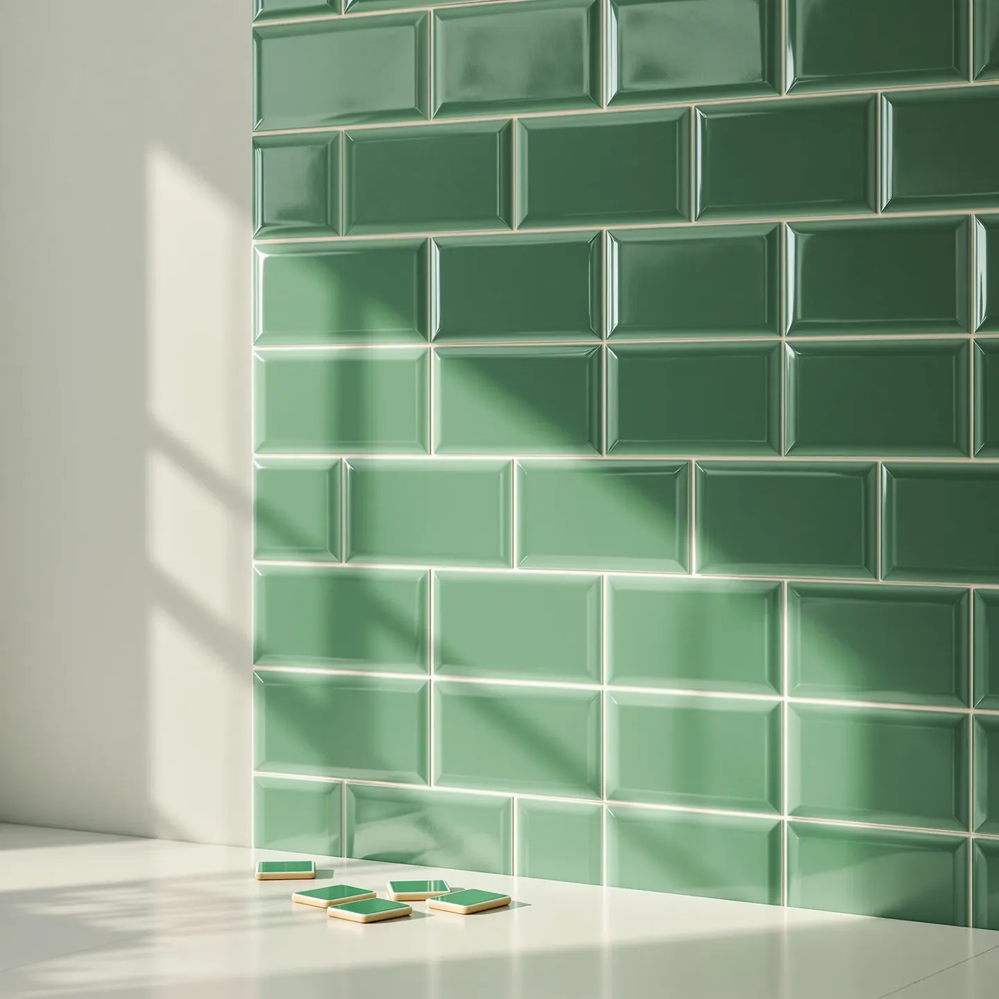 A wall laid with glossy handmade-look green ceramic tiles