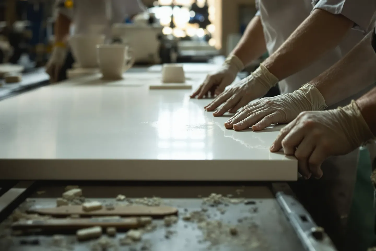 Hands checking the flatness of a large porcelain slab with a straight edge on a production line