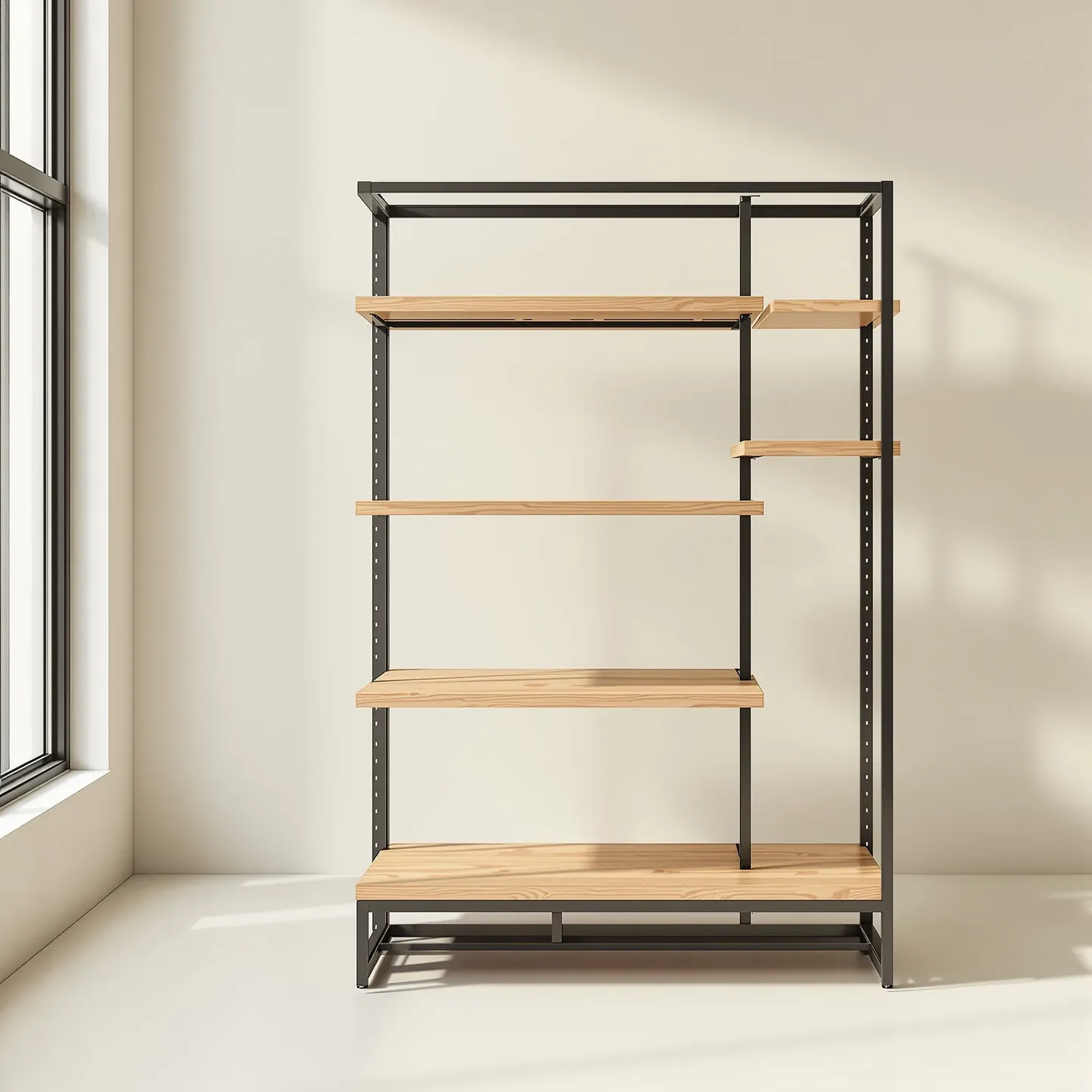 A floor-standing black powder-coated steel retail display rack with four oak shelves
