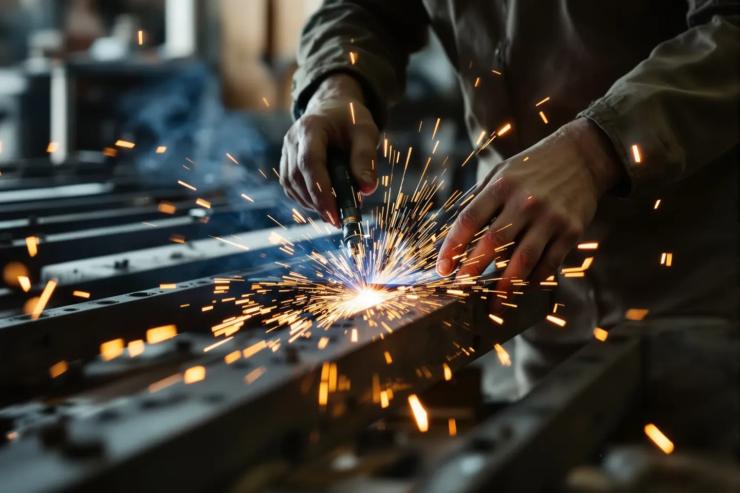 Hands welding a display rack frame with sparks flying