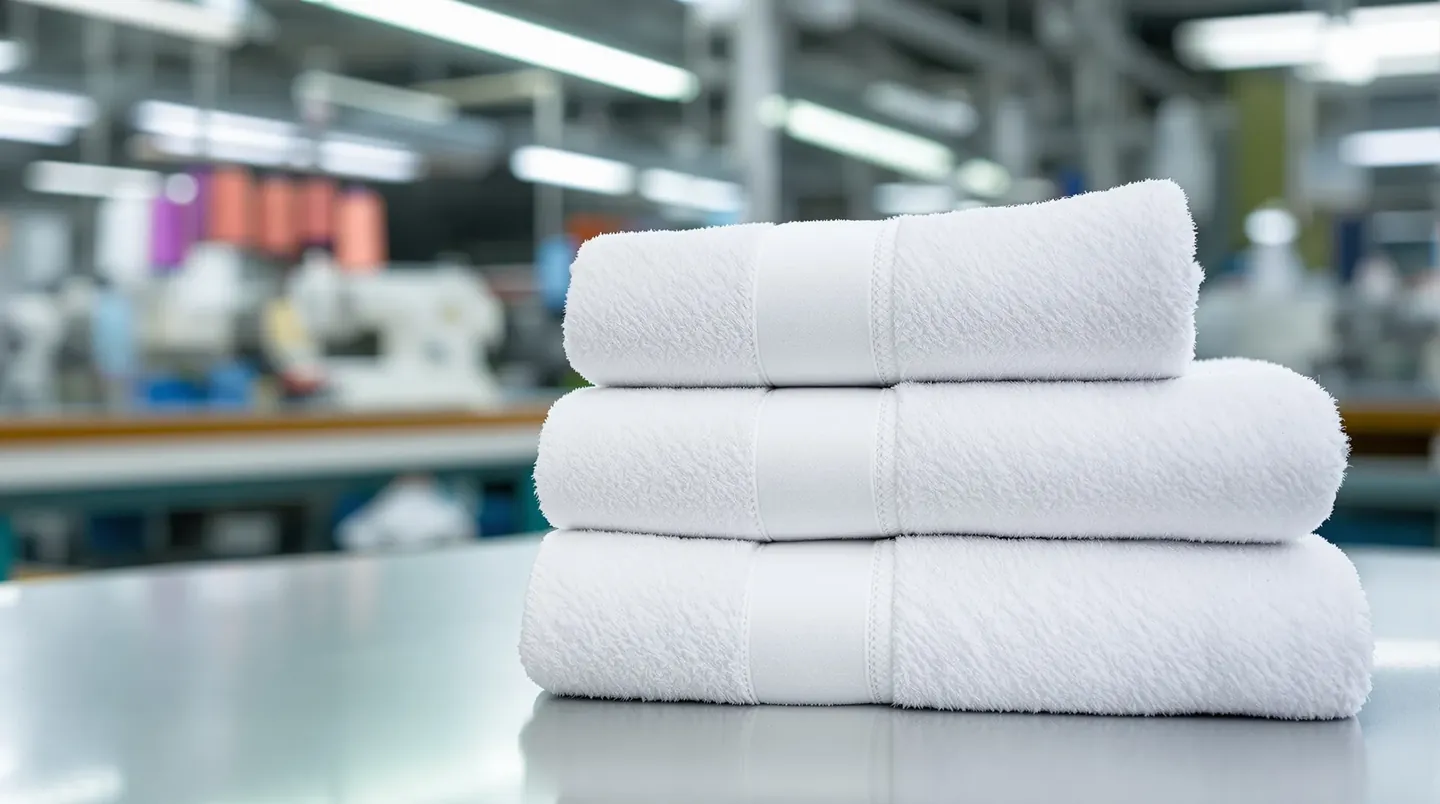 Phone photo of a stack of four folded white cotton bath towels with a dobby border, in a workshop