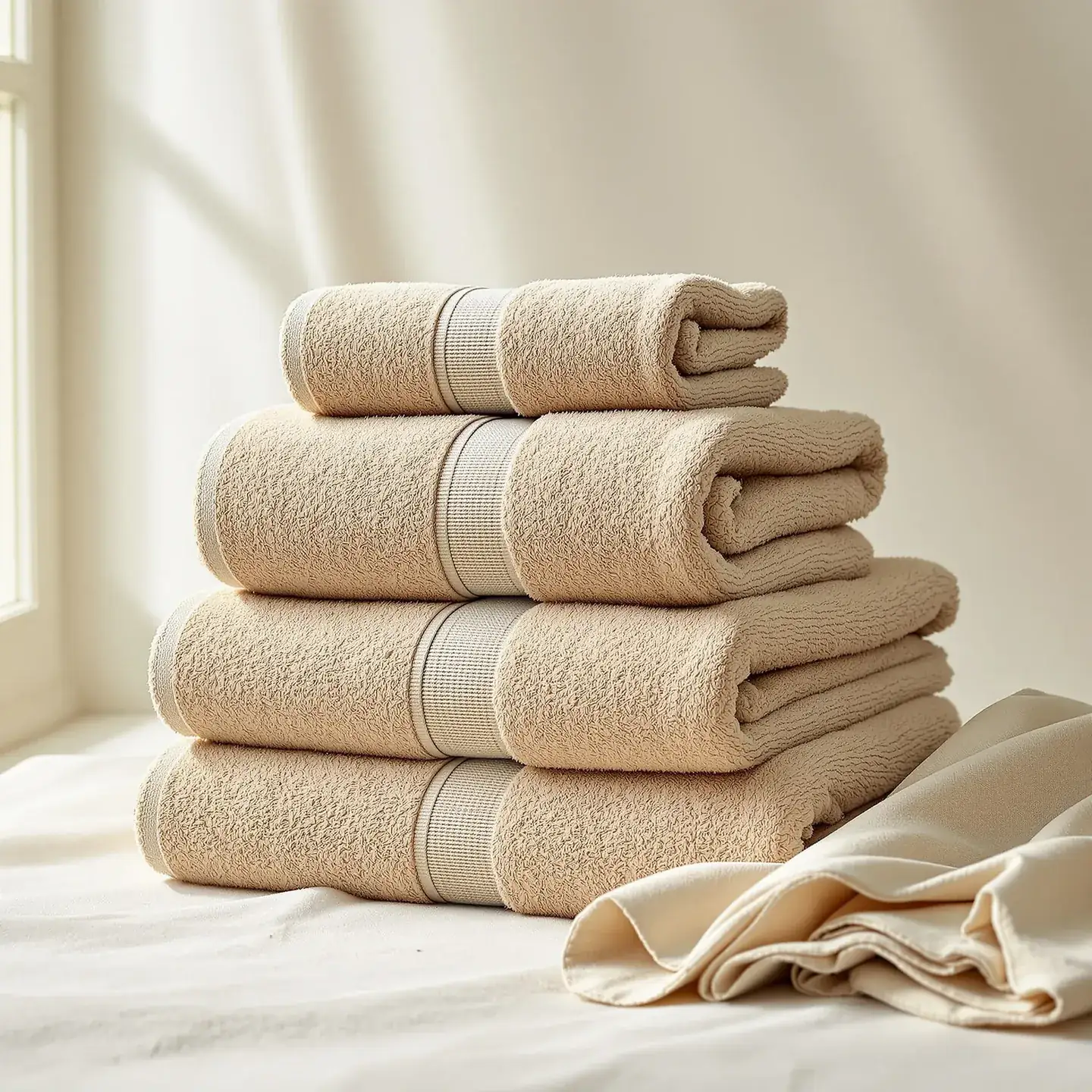 A neat stack of four folded cotton terry bath towels in warm sand