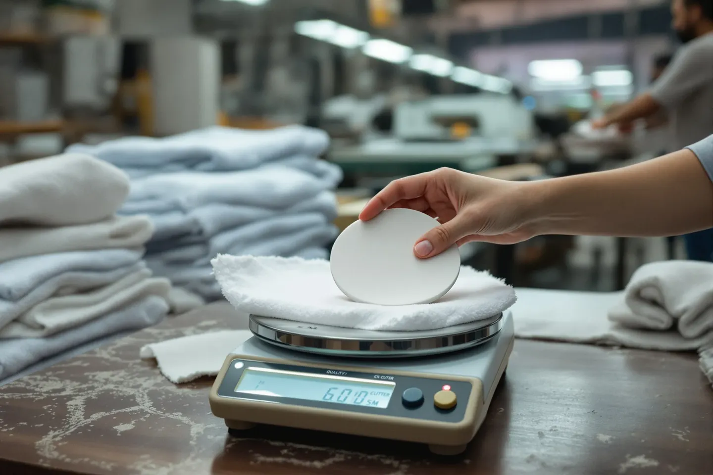 A hand holding a circle of terry fabric cut with a GSM cutter over a small digital scale