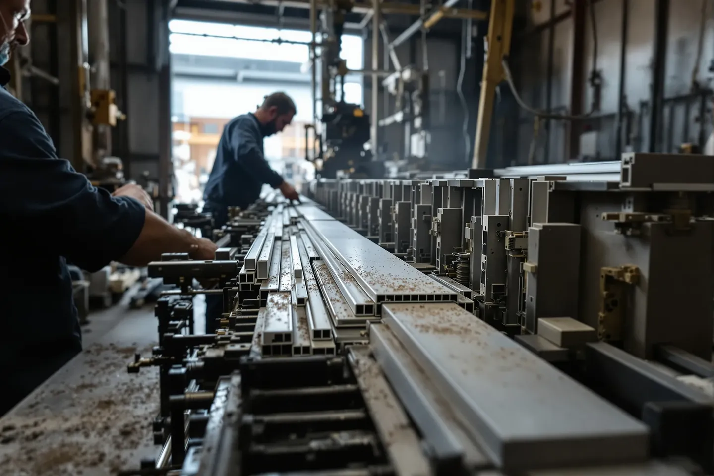 Aluminium profiles coming off an extrusion line