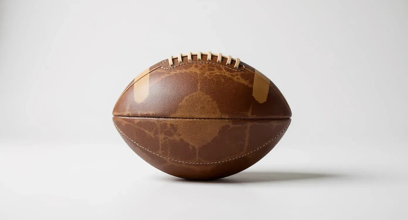 The same hand-stitched football as a clean catalog packshot on an off-white background