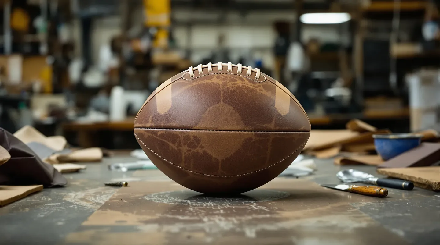 Phone photo of a hand-stitched leather football on a workshop bench