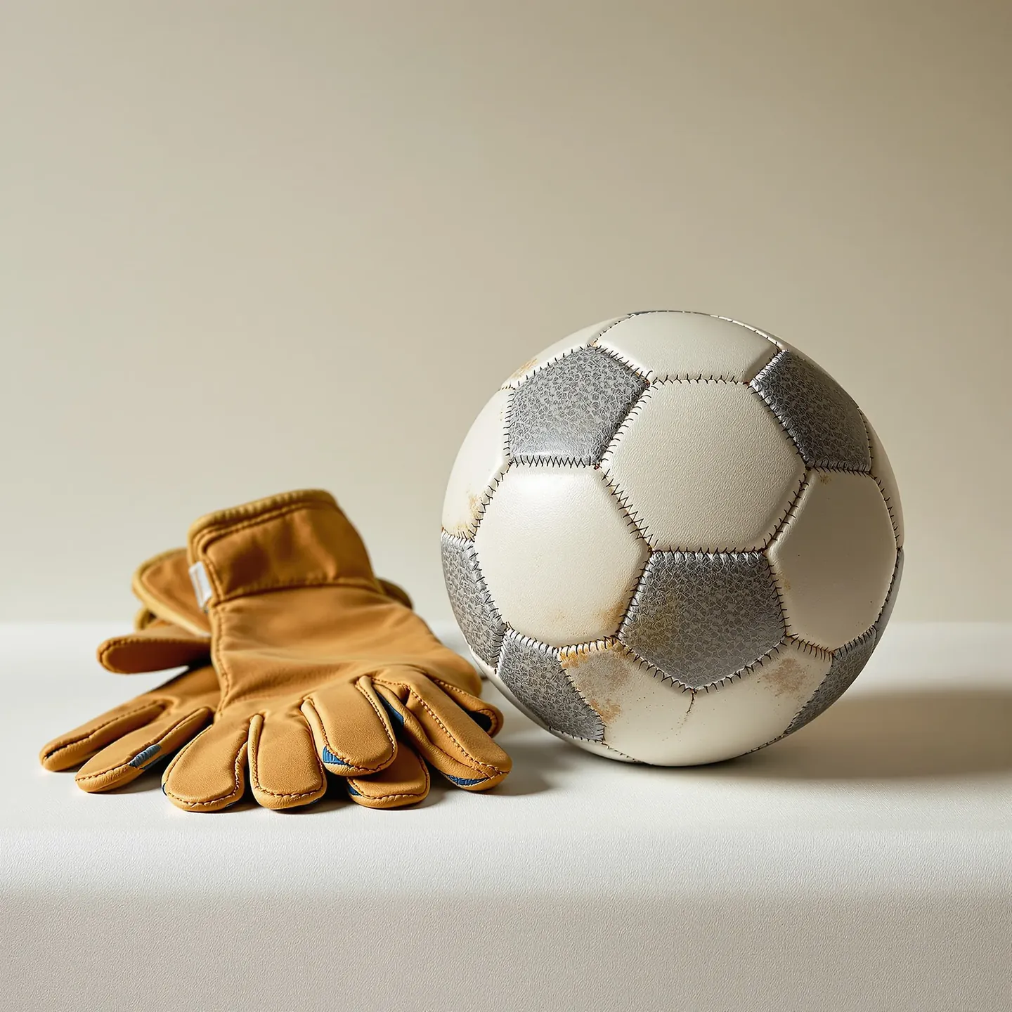 A hand-stitched match football with white and grey panels and visible stitching