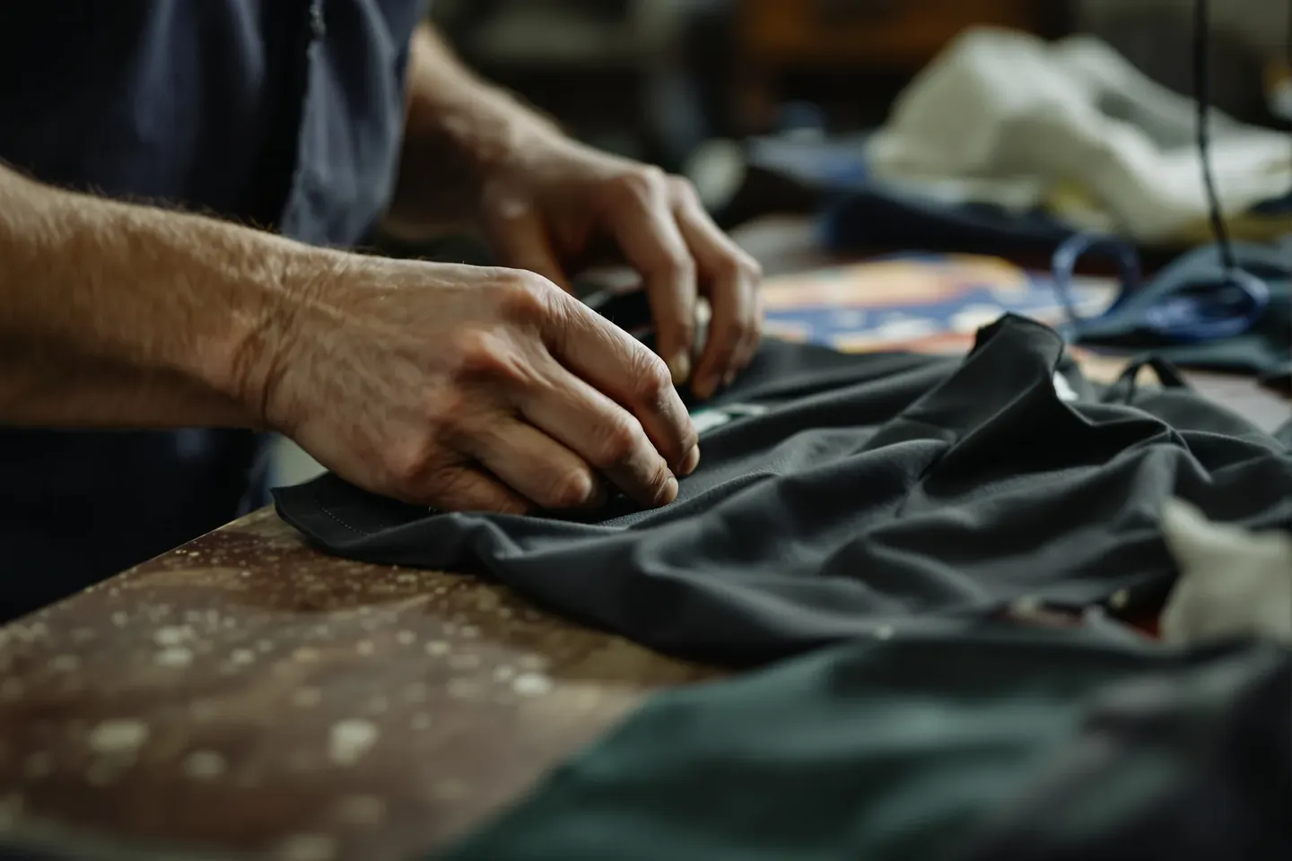 Hands stitching football panels together in a workshop