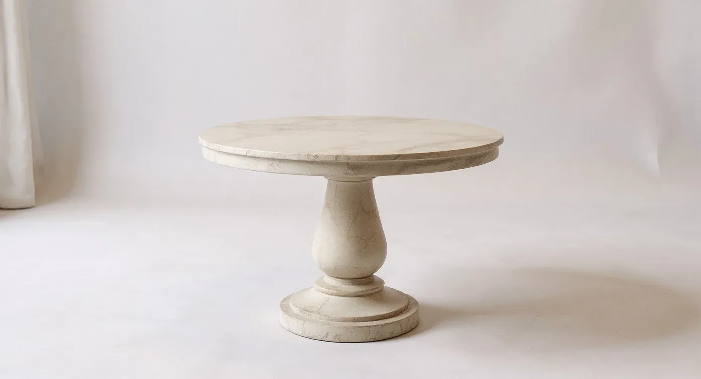 The same round travertine side table as a clean catalog packshot on an off-white background