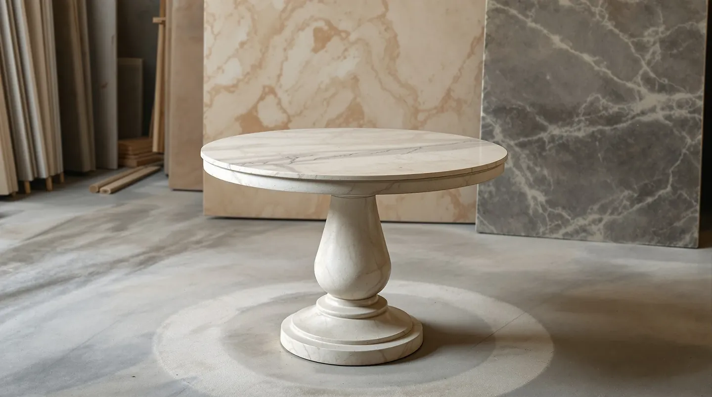 Phone photo of a round travertine side table with a pedestal base in a workshop