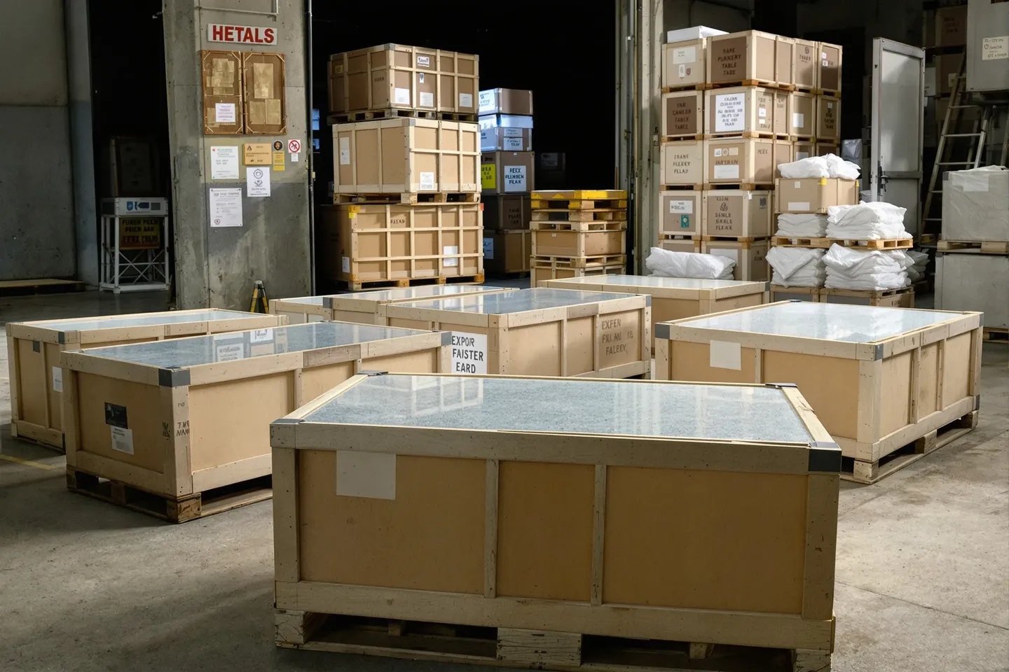 Stone tables packed in fumigated wooden crates with foam padding