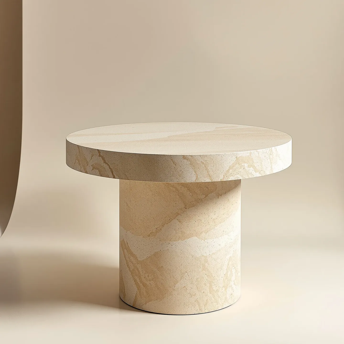 A round side table carved from honed beige travertine with natural filled pores