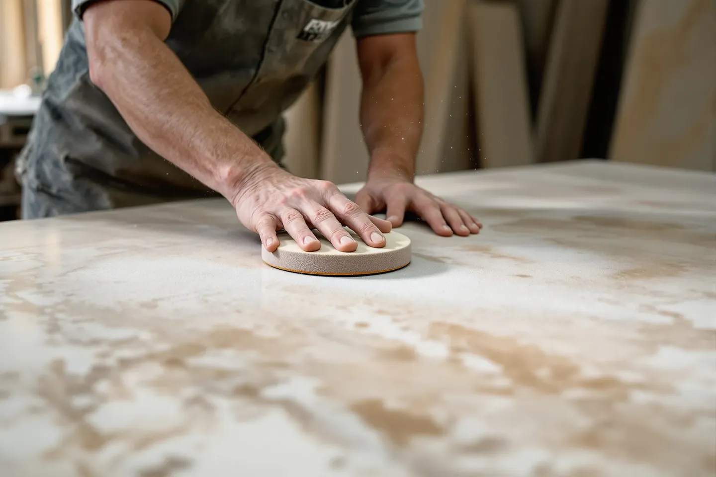 Hands polishing a travertine table top with a hand pad
