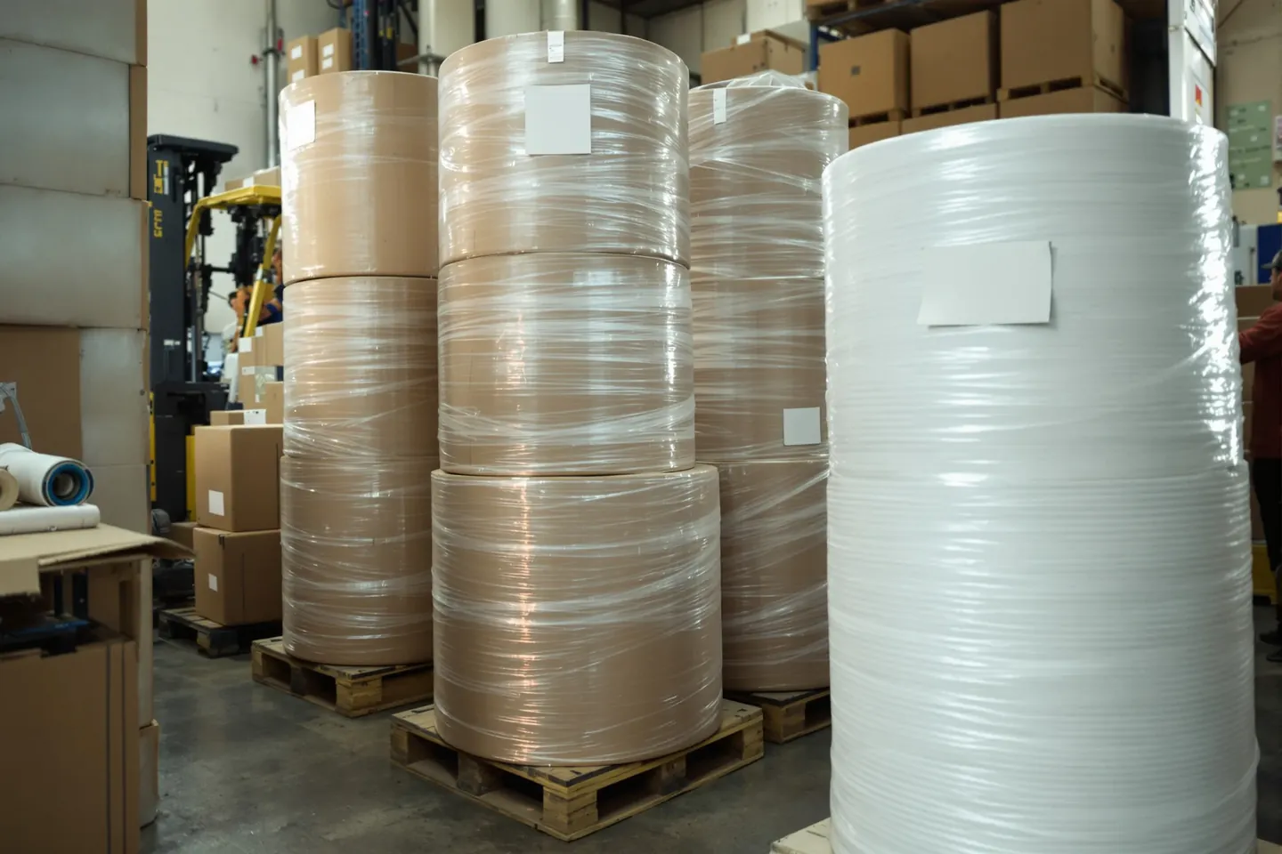 Rolls of fabric on cardboard tubes wrapped in clear poly