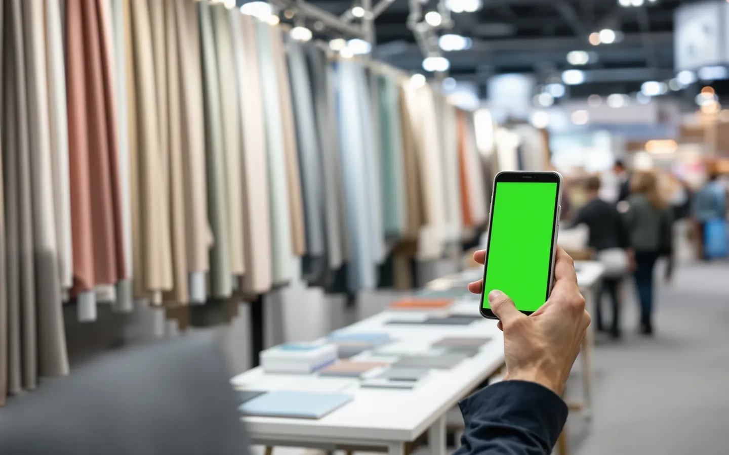 A buyer at a textiles and fabrics fair stand opens the exhibitor’s Digital Booth on a phone