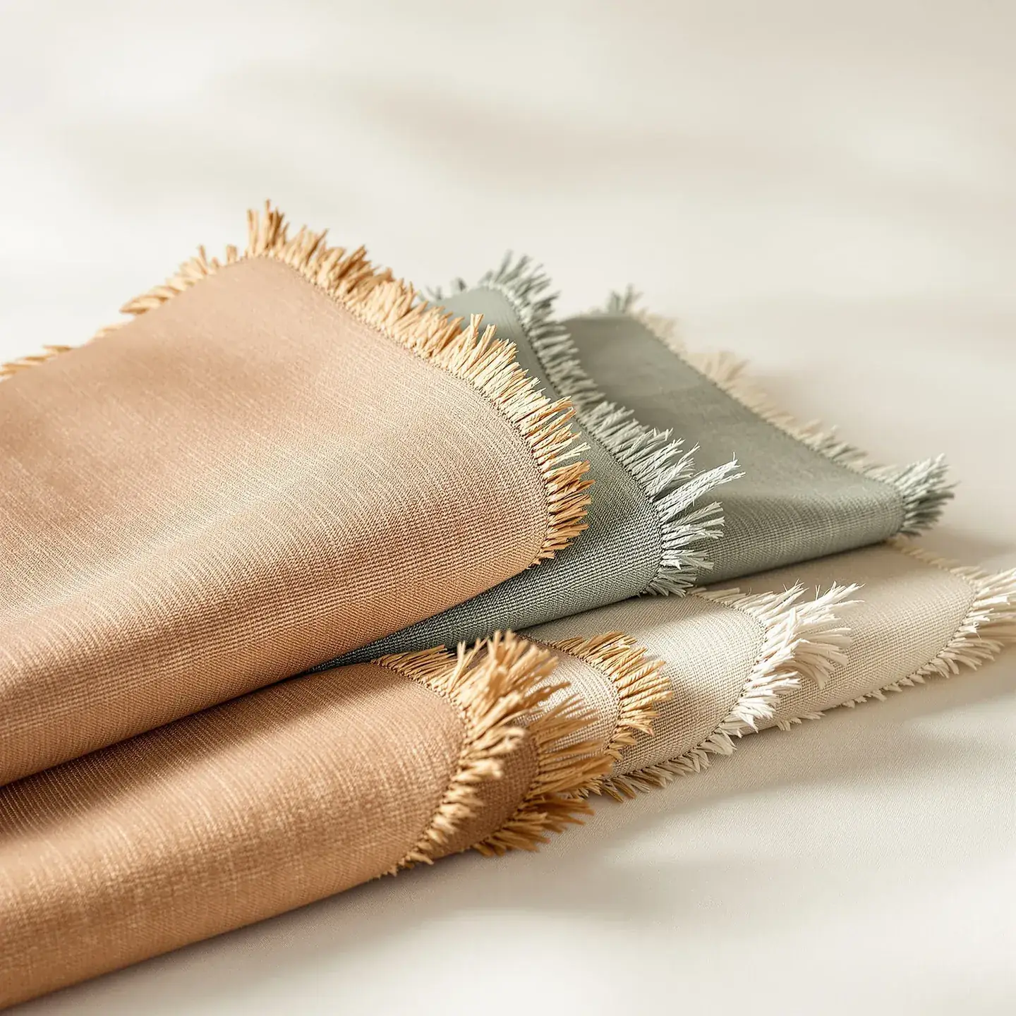 Three folded lengths of woven jacquard upholstery fabric fanned out