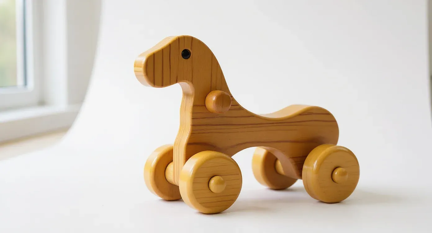 The same lacquered wooden pull-along toy as a clean catalog packshot
