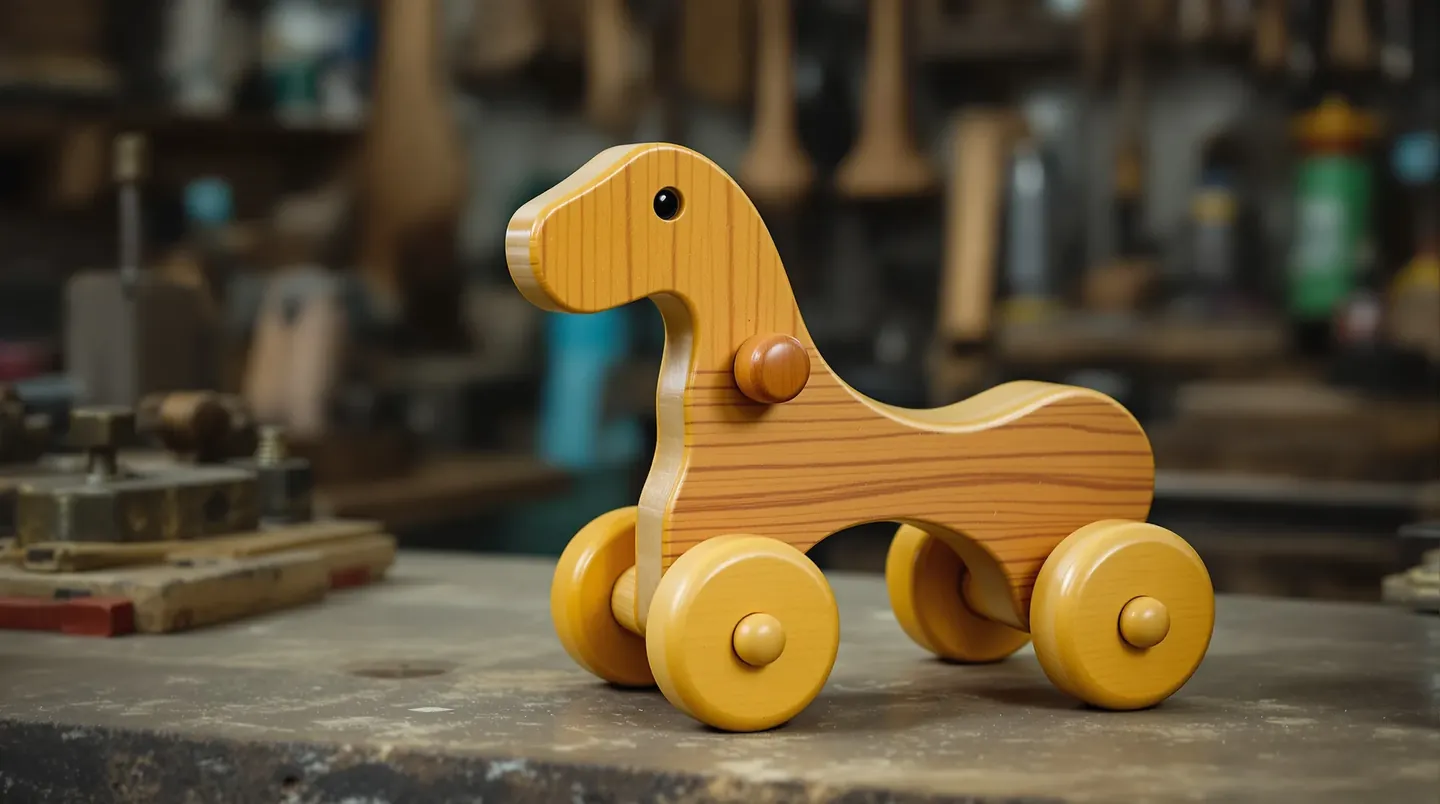 Phone photo of a lacquered wooden pull-along toy in a workshop