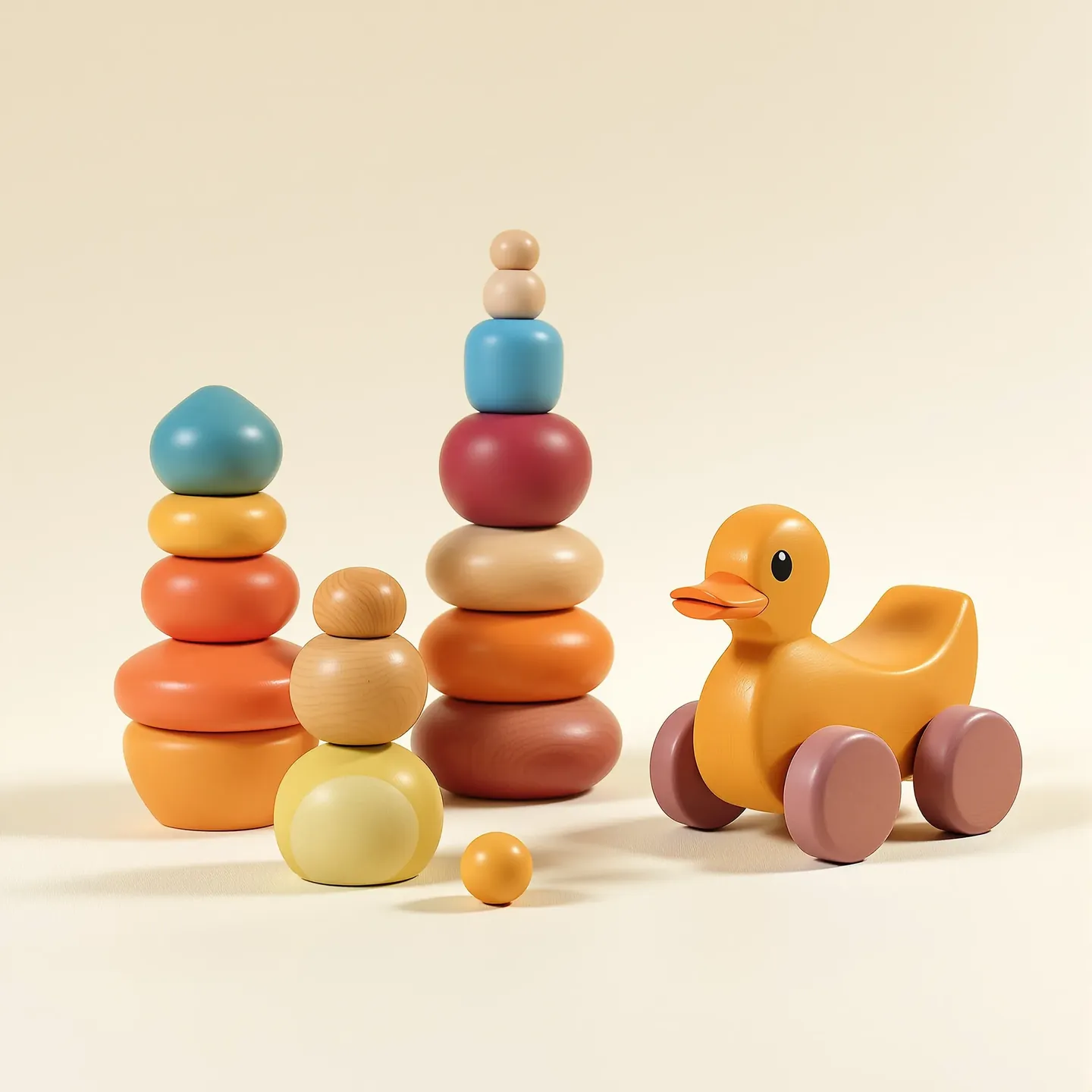 A set of hand-turned wooden stacking toys and a pull-along duck in bright lacquer colours